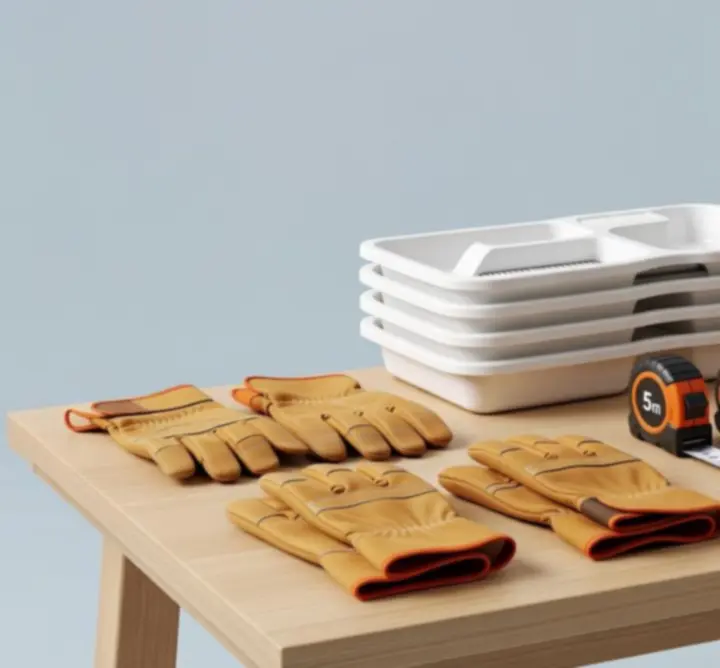 Zestaw akcesoriów remontowych: rękawice, miarka i kuweta malarska ułożone na stole roboczym.