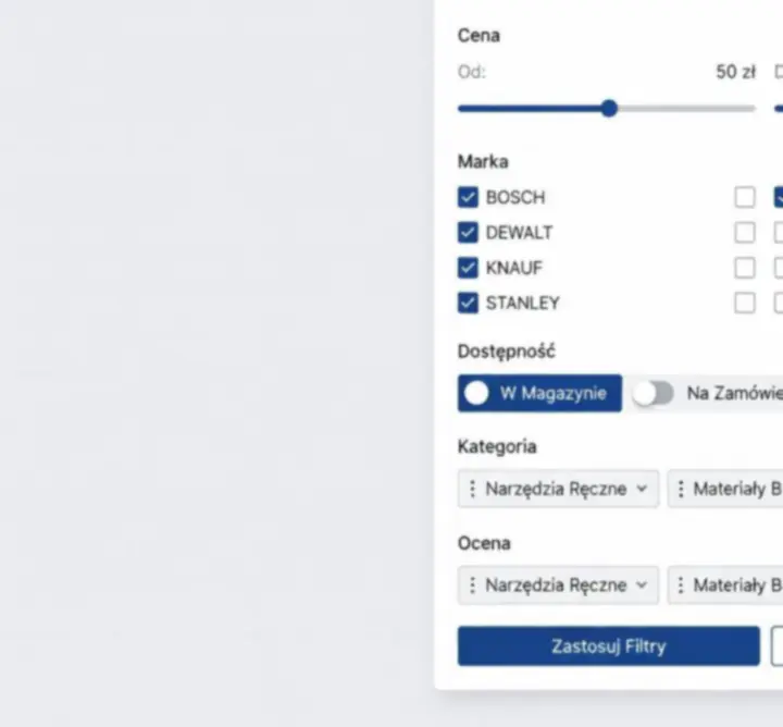 Panel zaawansowanych filtrów produktów w widoku kategorii na platformie Build Nova