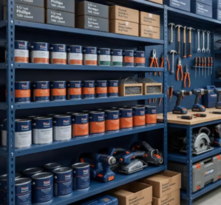 Zestaw farb, narzędzi ręcznych i elektronarzędzi pogrupowanych w kategorie