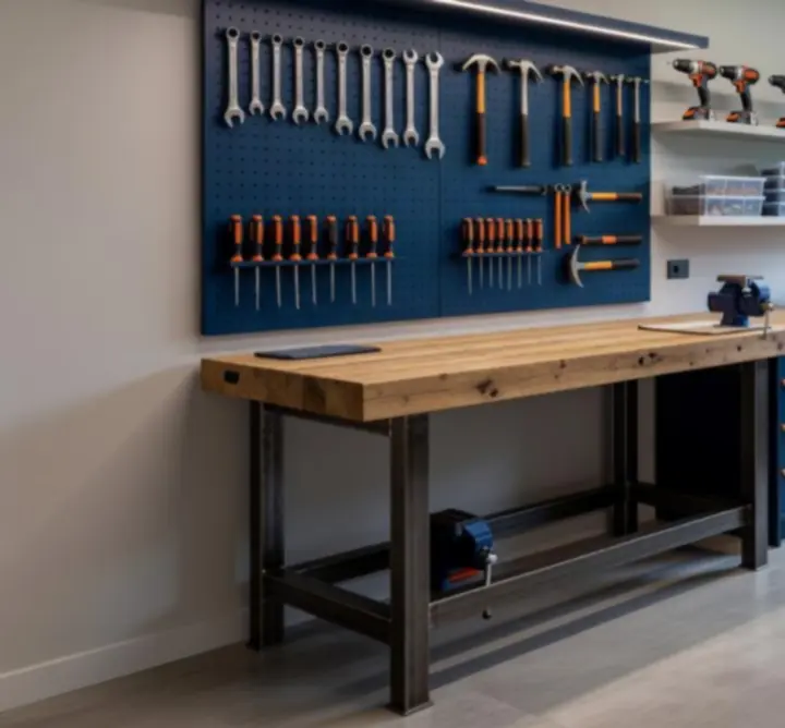 Nowoczesne stanowisko pracy z uporządkowanymi narzędziami ręcznymi i elektronarzędziami