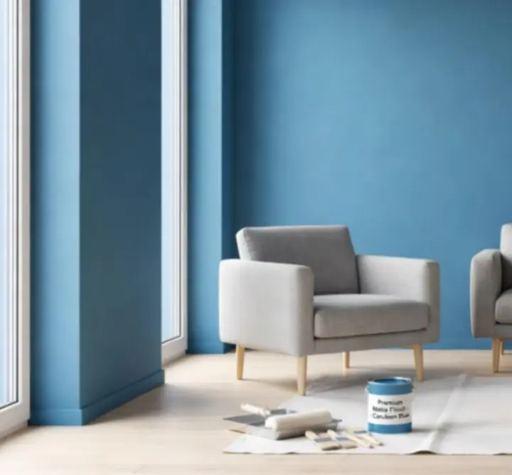 Nowoczesne wnętrze pomalowane farbą w spokojnych odcieniach niebieskiego i szarości