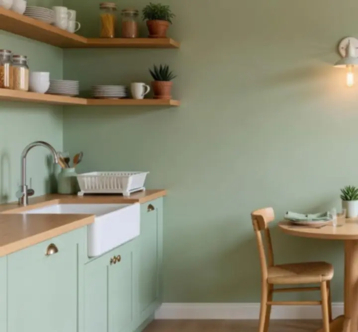 Metamorfoza salonu po malowaniu – nowoczesne wnętrze w stonowanych, niebiesko–szarych barwach z pomarańczowymi akcentami