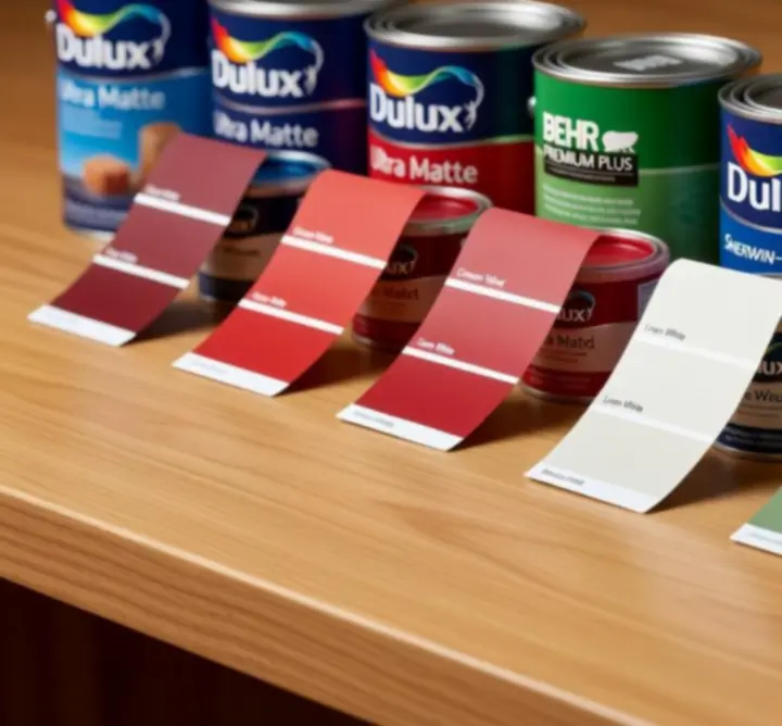 Zestaw opakowań farb oraz wachlarz próbek kolorystycznych ułatwiających wybór odcienia