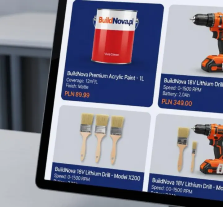 Wizualny podgląd produktów z różnych kategorii w e-sklepie Build Nova